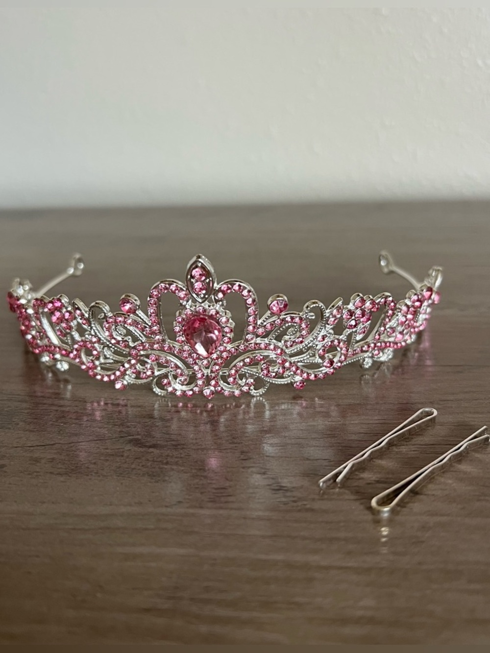 Metal Crown W/ Clips Pink Rhinestone Tiara Party Bridal Jewelry Prom Halloween
